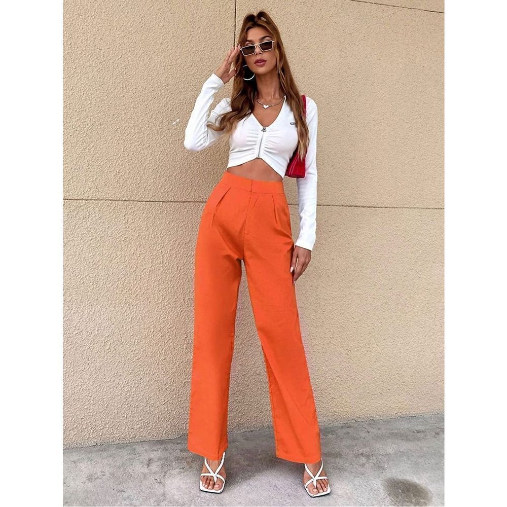 High Waist Zip Up Pleated Pants Straight Leg Long Trousers Pocket XS